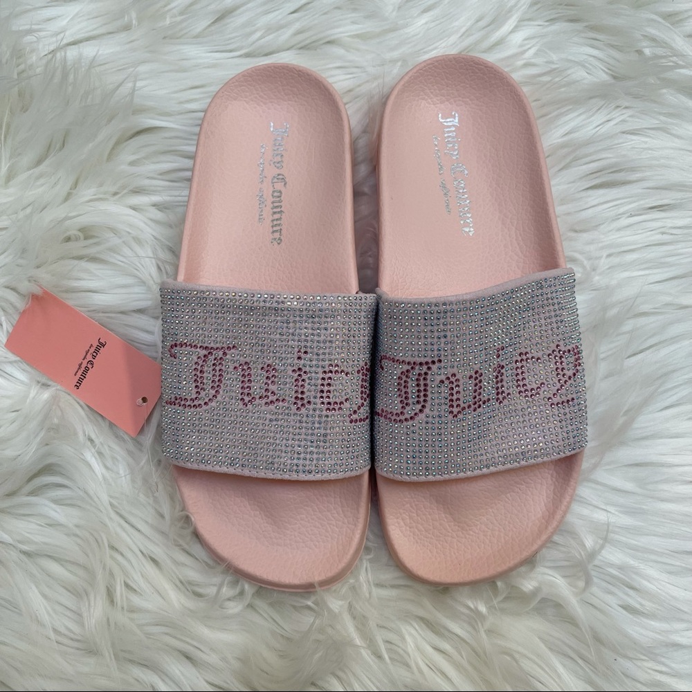 Juicy Couture Size 6 Pink Rhinestone glitter logo slides sandals NEW Juicy Logo